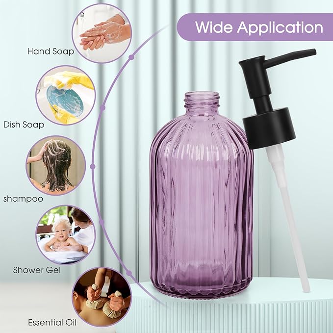 2 Pack Stripe Glass Soap Dispenser with Black Plastic Pump, 400ml Liquid Hand Soap Dispenser, Rustproof Pump for Kitchen & Bathroom, Great for Lotions, Essential Oil, Liquid Soaps- (Purple)