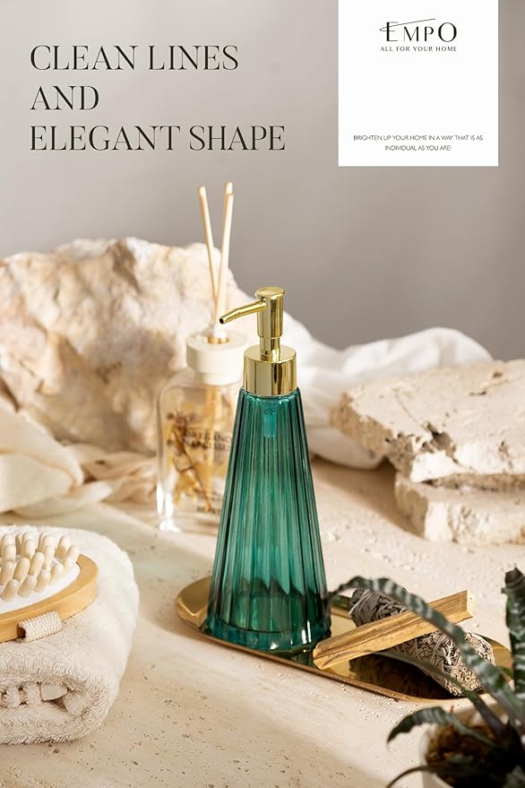 EMPO Vintage Elegant Glass Soap Dispenser, Liquid Soap/Sanitizer/Shampoo Bottle with Golden ABS Pump, Rustic Farmhouse Decor Hand Soap Dispenser Bathroom Accessories (Ocean Teal)