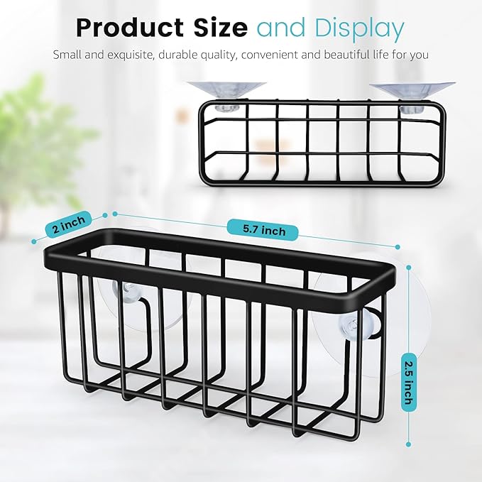 Kitchen Sink Sponge Holder, Kitchen Sink Caddy, Sponge Holder for Kitchen Sink Suction, Dish Soap Holder (Black)