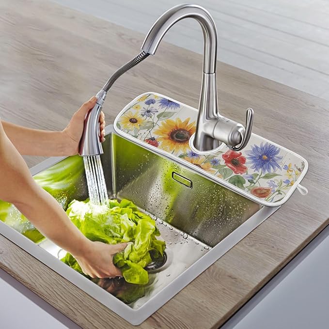 Sink Faucet Absorbing Mat Kitchen Sink Splash Guard Splash Faucet Drip Catcher for Bar RV Bathroom 2PCS 30x5.5in Watercolor Cornflower Sunflower