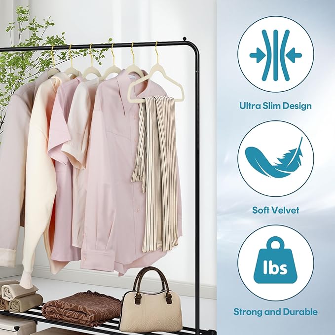 UNEED Ivory Velvet Hangers with Golden Hooks, 36 Pack - Ultra Thin Space Saving, Non-Slip Clothes Hangers for All Clothing, Dorm & Closet Organization (Heavy Duty, Anti-Scratch,360° Protection)