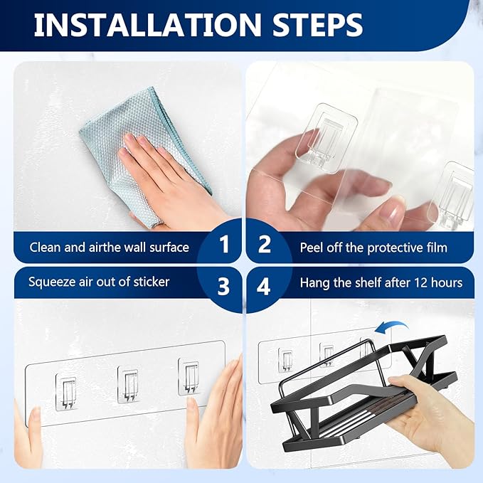 HOREAKHJ Shower Caddy Adhesive Replacement Hooks, Strong Waterproof Strips, No Drilling for Bathroom Shelves, Kitchen Racks, and Soap Holders (Transparent-6 Pack 1&3 Hook)