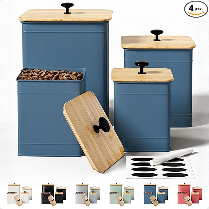 Kitchen Canisters for Countertop Set of 4 with Customizable Chalkboard Labels & Marker Pen - Big Iron Kitchen Canister Set with Airtight Lids - Blue Canisters - Sugar Tea Coffee Containers Sets