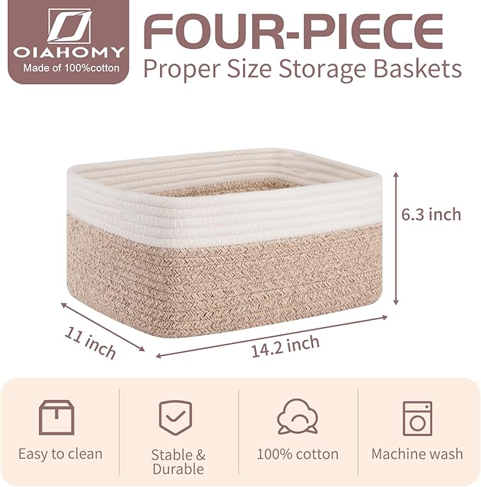 OIAHOMY 4 Pack Storage Baskets for Organizing, Small Bins for Shelves, Cute Decorative Storage Bins, Organizer Baskets for Gifts Empty, 14.2''Lx11''Wx6.3''H, Brown/White