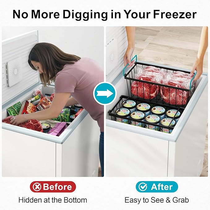 iSPECLE Freezer Organizer Bins - Fits 7 Cu.Ft Chest Freezer, 4 Pack Stackable Wire Baskets(14.7" Length), Heavy Duty Coated Deep Freezer Organizer, Rust Resistant for Frozen Food Sorting, Black
