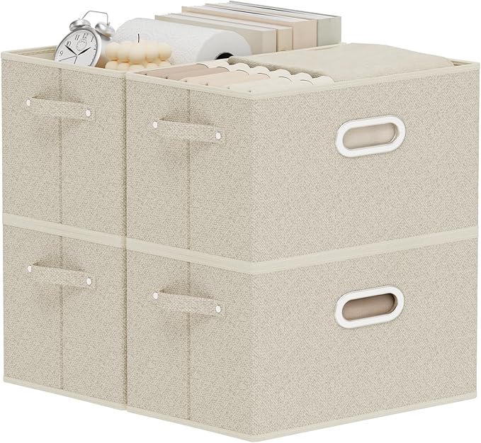 Open Storage Baskets, Collapsible Cube Bins, Fabric Container Organizer with Metal Handles, Boxes for Shelves, Closet, Living Room, 13x9.1x7.9in, Grey and Beige, 4 Pack