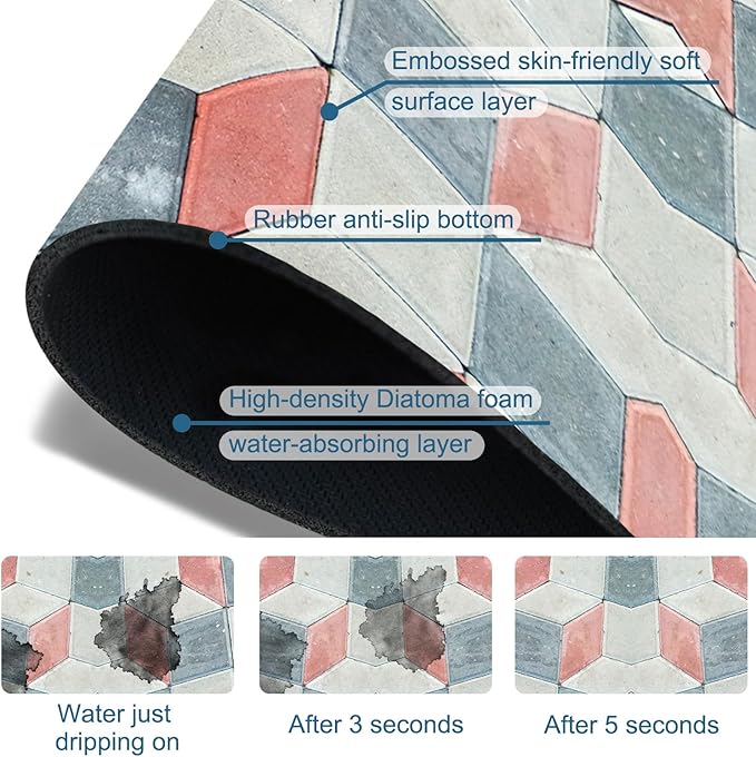 Red Gray Tile Kitchen Sink Splash Guard Faucet Mat Red White Diamond Super Absorbent Fast Drying Mat Sink Splash Guard Behind Faucet for Kitchen Bathroom, 23.5"x5.5"