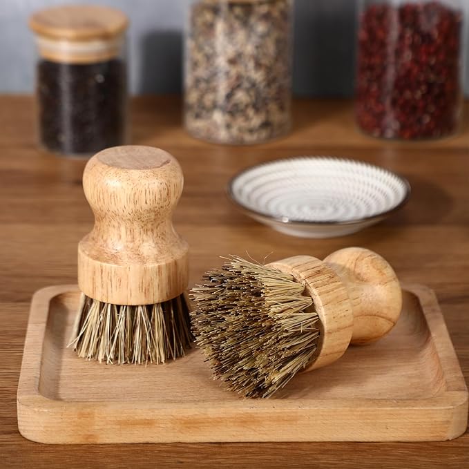 Nuenen 6 Packs Bamboo Dish Scrub Brushes Wooden Scrubbers Set Kitchen Dishwashing Scrubber with Natural Sisal Bristles for Iron Pot Pan Sink