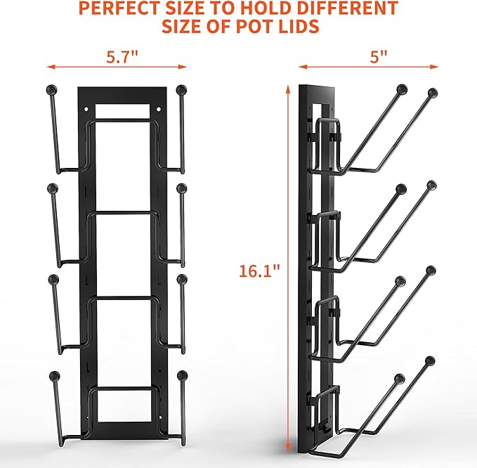 8 Layers of Adjustable Pot Lid Organizer Rack for Cabinet Door/Wall，2Pack Lid Organizer Pots and Pans Holder for Kitchen Storage with No Drilling Adhesive 5.7 W“(Black)