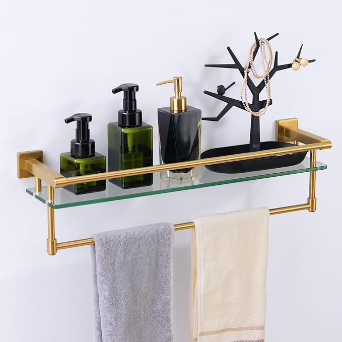 SFGSOWOR Bathroom Glass Shelf with Towel Bar/Rack 24 inches Wall-Mounted Shelves Tempered Glass Sink Toilet Organizer Shower Towel Decorative Storage (Polished Gold Finish)