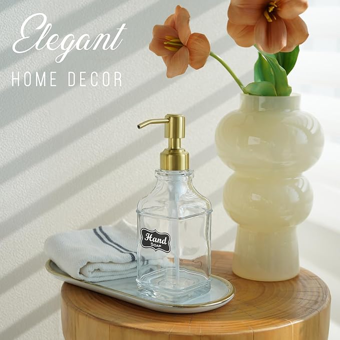 JASAI Antique Square Glass Soap Dispenser with Golden Rust Proof Pump, Refillable soap Dispenser with 10Pcs Stickers for Kitchen, Dish Soap Dispenser for Kitchen Bathroom Soap, Hand soap, Lotion.