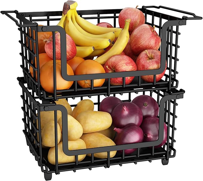 2 Pack Stackable Metal Wire Vegetable Fruit Basket for Kitchen Counter Cabinet, Pantry Organizers and Storage Basket, Food Can Snack Onion Potato Bread Storage Shelf Freezer Organizer Bins Black