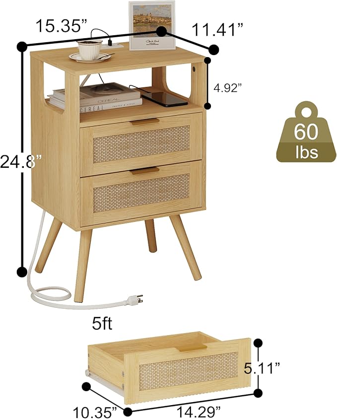 Veegle Rattan Nightstand with Charging Station,Modern Bedside Table with 2 Storage Drawer and Open Wood Shelf, for Bedroom and Small Spaces,Night Stand with Solid Wood Legs (Yellow Oak)
