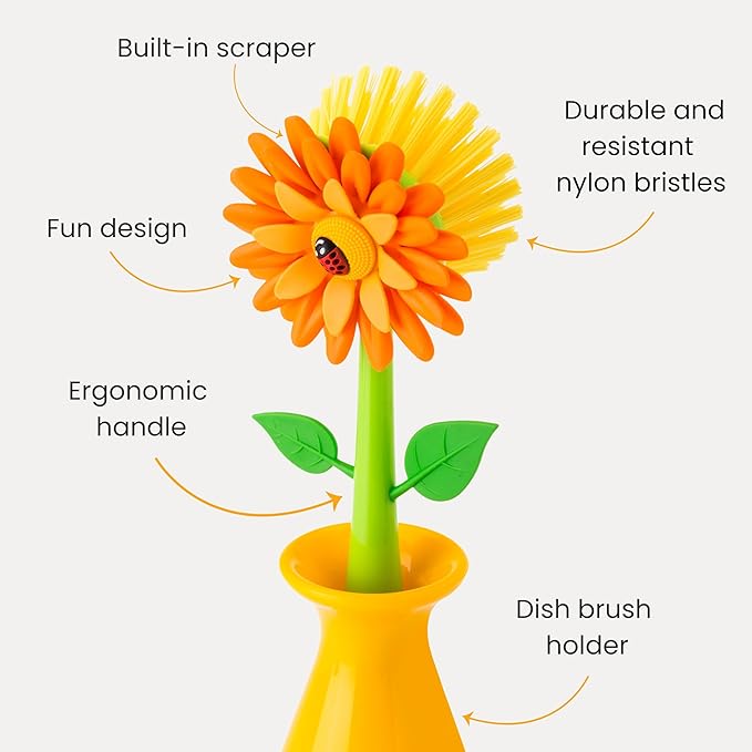 Vigar Flower Power Dish Brush with Handle and Vase Dish Brush Holder, Kitchen Scrub Brush for Pot Scrubber, Dishes, and Sink Cleaning, Orange, Green