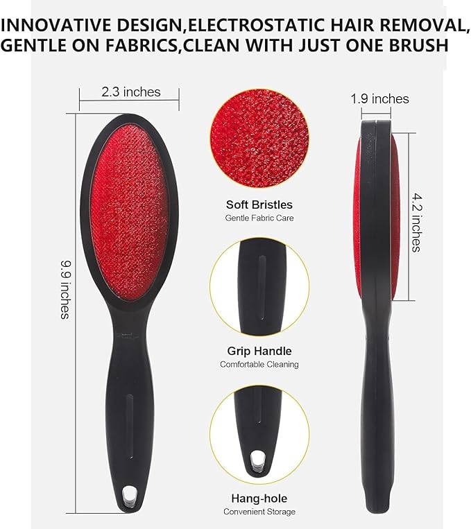 2-Sided Lint Remover Brush, Reusable Hair & Lint Cleaning Tool for Clothes, Carpet and Sheets, Black/Red