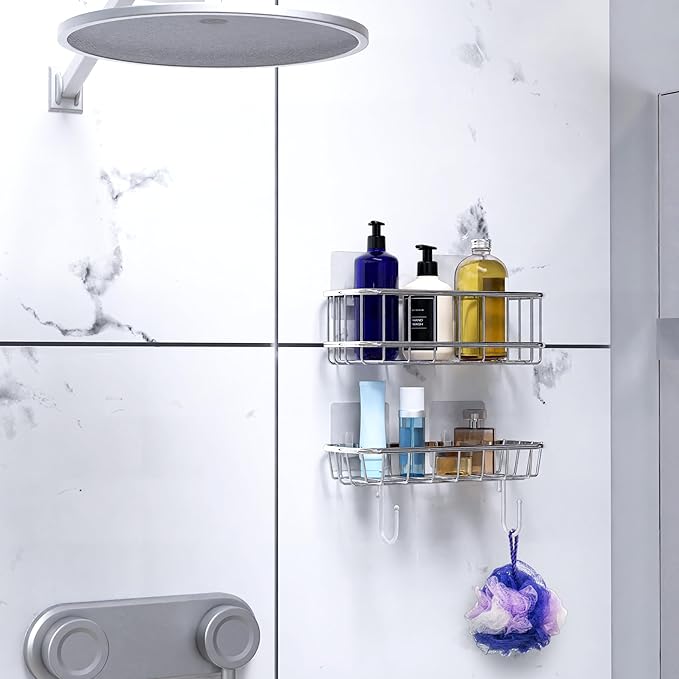 Simple Houseware Bathroom Adhesive Wall Mount Standard Shower Caddy w/Hooks, Chrome, 2 Pack