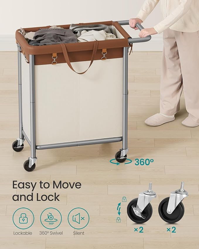 SONGMICS Laundry Basket with Wheels, 2-Section Rolling Laundry Hamper, 37 Gallons (140 L), Removable Liner, Steel Frame with Handle, 27.2 x 15.4 x 31.9 Inches, Coffee Brown and Cream White URLS004KQ02