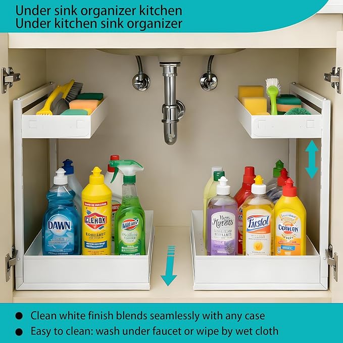 Under Sink Organizer, Bathroom Counter Organizer, 2 Packs 2-Tier Metal, Under Cabinet Storage, Makeup Storage, Adjustable Height & Slide-Out Drawer for Kitchen Bathroom Dorm Shop Office, White