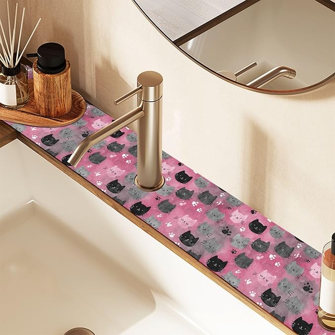 Watercolor Pink Cat Faces Paw Print Sakura Hearts Kitchen Sink Splash Guard Sink Faucet Mat Faucet Handle Drip Catcher Drain Mats for Kitchen Bathroom Countertop Absorb