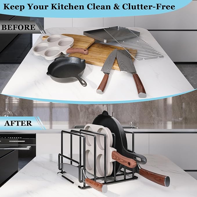 Cutting Board Organizer Rack with 7 Compartments, Heavy-Duty Iron Pan and Baking Sheet Organizer, Kitchen Cabinet Storage Rack with Non-Slip Base, Space-Saving Pot Lid Holder for Countertop & Pantry