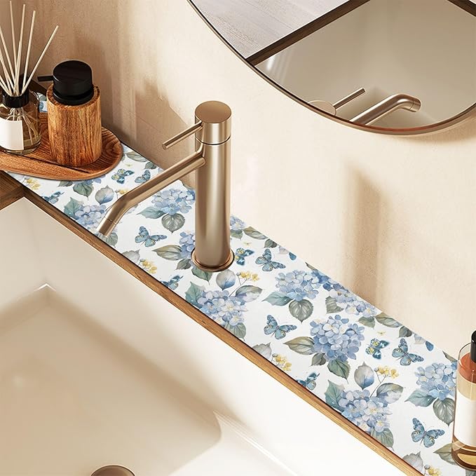 Blue Hydrangea Butterfly Herb Kitchen Sink Splash Guard Sink Faucet Mat Faucet Handle Drip Catcher Drain Mats for Kitchen Bathroom Countertop Absorbent Dish Drying Pad 2Pack