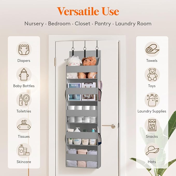 Lifewit 1 Pack Over the Door Organizer, Clear Window Hanging Storage with 4 Mesh Side Pockets, Anti Tilt 40 lbs Load Behind Door for Pantry, Nursery, Bathroom, Bedroom, Dorm, 5 Section, Light Gray