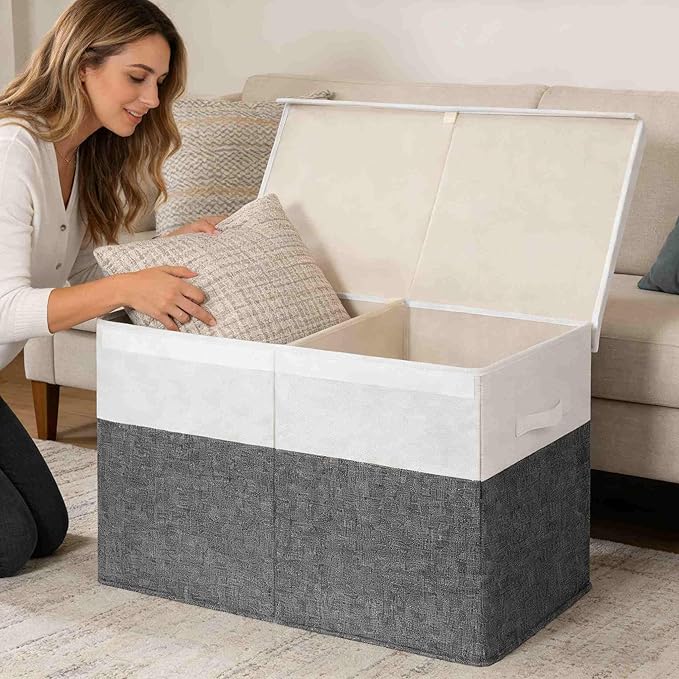 INDRESSME 25"x13"x16" Large Toy Storage Box with Lid, Toy Chest Organizer Toy Basket with Dividers for Playroom, Bedroom, Closet, Toy Bin for Kids Baby Boys Girls (Grey & White)