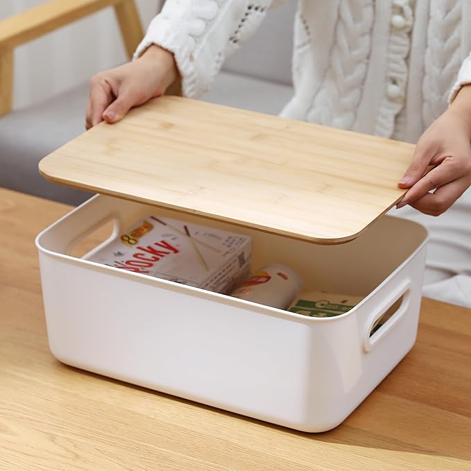 Citylife 4 PCS Storage Bins with Bamboo Lids Plastic Storage Containers for Organizing Stackable Storage Box with Handle, 15.12 x 10.67 x 5.98 inch