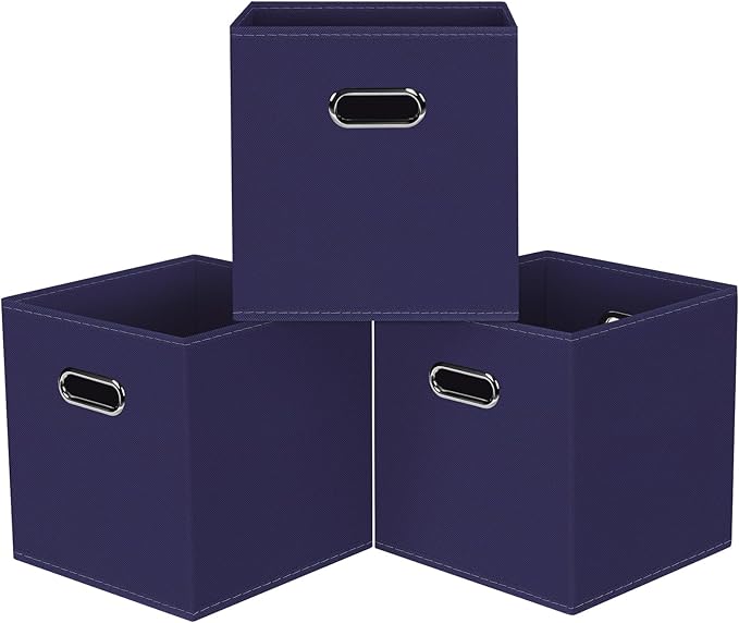 Black Foldable Storage Cubes Bins, Fabric Storage Box Cubes Organizer Baskets with Dual Handles for Home Organizer,Set of 3,(Navy Blue)
