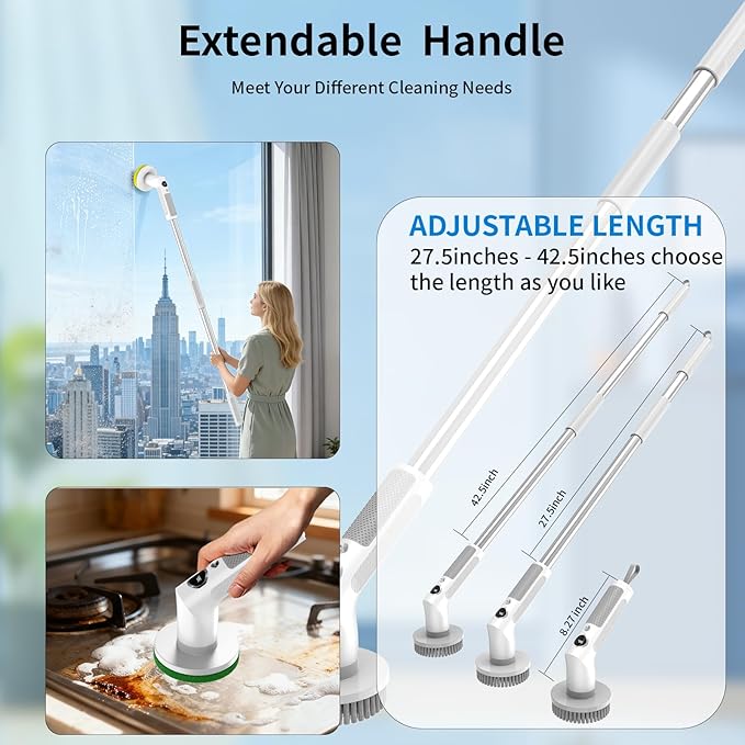 Electric Spin Scrubber, Cordless Cleaning Brush with 6 Replaceable Brush Heads, IPX7 Waterproof Bathroom Scrubber with Adjustable Extension Handle & Battery Level Display for Bathroom Kitchen Car