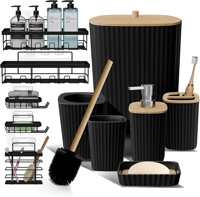 Clara Clark Bathroom Set - Black Bathroom Accessories Set, 6PC Bathroom Accessory Set, Bathroom Sets with Adhesive Corner Shower Caddy Hanging, Toilet Brush, Trash Can & Soap Dispenser