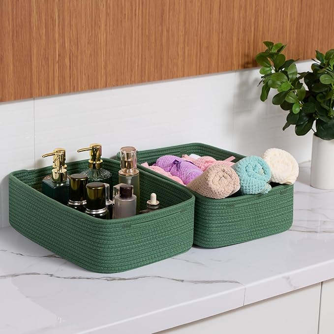 Large Shallow Organizing Baskets 15x11x5.1 Inches - Rope Woven Storage Bins for Bathroom, Shelves, Cube Closet, Green 4 Packs