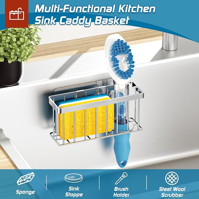 Sponge Holder for Kitchen Sink,Sink Caddy Organizer with Suction Cups/Adhesive Strips,Dish Sponge Holder Design for Sponges,Scrubber,Stoppers-Silver