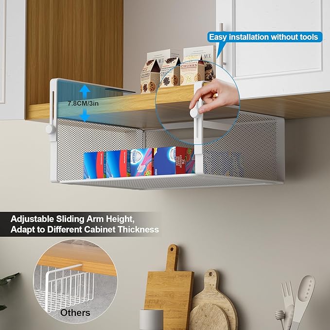 2Pack Under Shelf Basket Organizer,Adjustable Hanging Holder for Cabinet Pantry Kitchen Cupboard Desk Counter Bookshelf Organization Add-on Space Saver Heavy Duty Slide-in (White, Large)