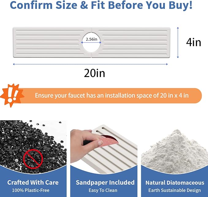 Stone Faucet Mat for Kitchen Sink, Water Absorbing Sink Water Splash Guard, Fast-Drying Kitchen Sink Faucet Mat, Durable Protector and Stone Drying Mat for Kitchen Counter & Bathroom Sink