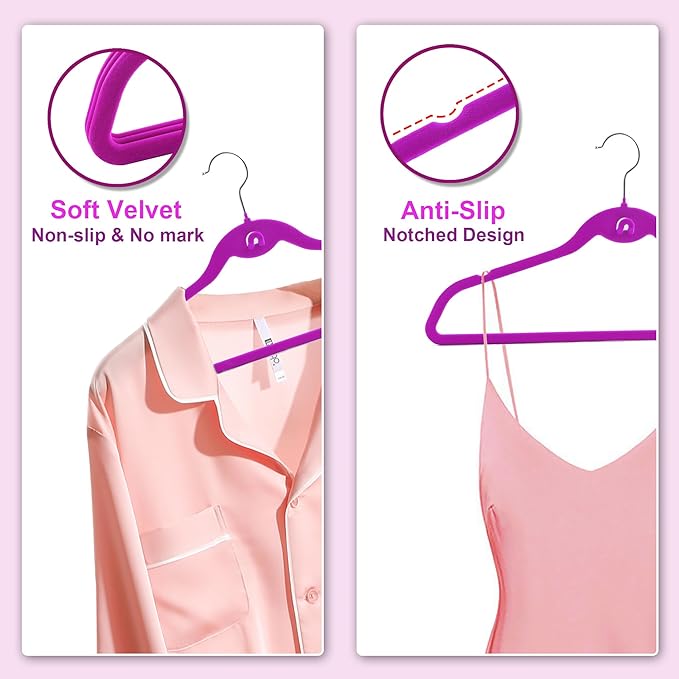 Multi-Color Velvet Hangers 50 Pack with Cascading Hooks, Non-Slip Black, Pink, White, Grey, and Purple Velvet Hangers for Clothes, Suits, and Coats