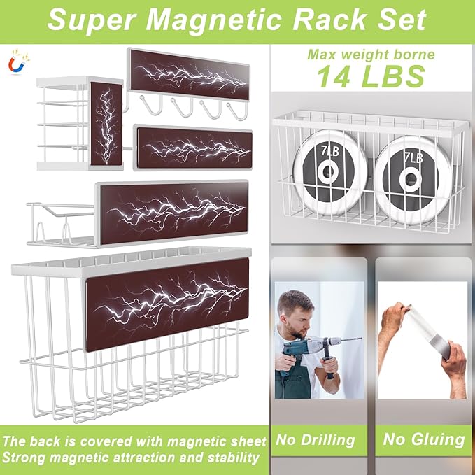 Magnetic Spice Rack for Refrigerator, 7 Pack Magnetic Fridge Shelf for Kitchen Organization Storage, Moveable Spice Organizer W/Paper Towel Holder, Utensil Caddy, Cutting Board Rack (White)