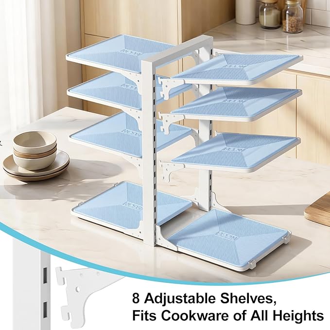 LAMU Pots and Pans Organizer under Cabinet, 8 Tier Heavy Duty Pan Organizers inside Cabinet, Adjustable Pot Rack for Small Kitchen Storage, 15" Height Holds Cast Iron Pans and Skillets White