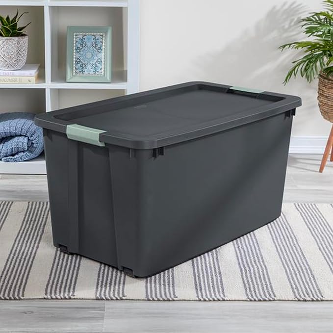 Sterilite 4 Pack 45 Gallon Wheeled Latch Tote, Stackable Plastic Storage Bin, Gray/Green