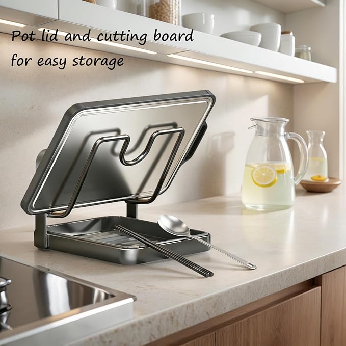 Kitchen Pot Lid Storage Rack, Stainless Steel Pot Lid Holder While Cooking for Countertop, Multifunctional Pots Lids Organizer Rack with Removable Drip Tray for Spatulas, Ladles & Large Lids (Gray2)