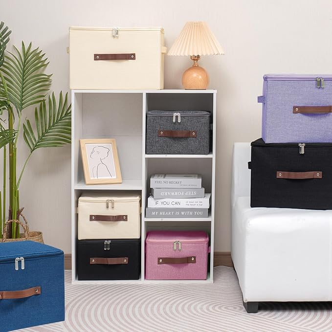 Storage Bins with Zipper Lid Foldable Fabric Lidded Storage Boxes Baskets Cubes Washable Collapsible PU Leather Handle Cotton Linen Shelves Closet Organizer Container(Pink, Large Size)
