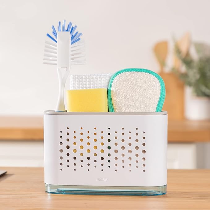 Minky Slimline Sink Caddy - Sponge and Brush Holder for Kitchen, Sink Organizer with Brush Compartment, Removable Tray, Drainage Spout - Slim Design Fits Anywhere - Made in UK (White)
