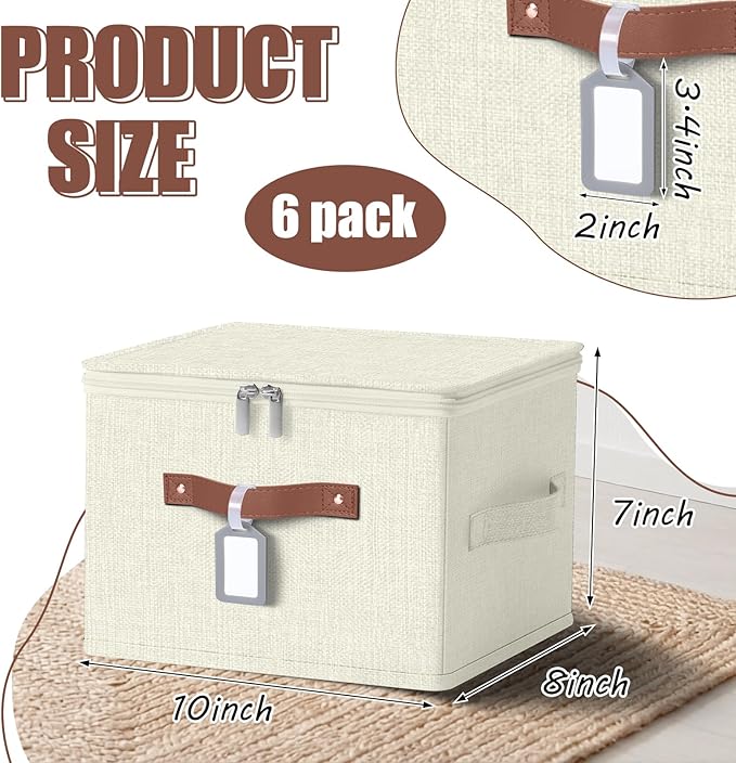 Fiwochic 6 Pack Fabric Storage Bins with Lids, 10×8×7Inch Foldable Cotton Linen Storage Boxes with PU Leather Handles and Label Holders for Closet, Bedroom, Shelf, Nursery, Beige