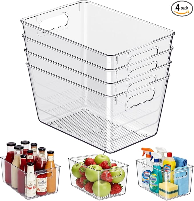 KJIXYUNG Clear Plastic Storage Bins, 4-Pack Stackable Pantry Organizers and Storage Containers for Kitchen, Fridge, Cabinet and Closet Organization - Home Essentials