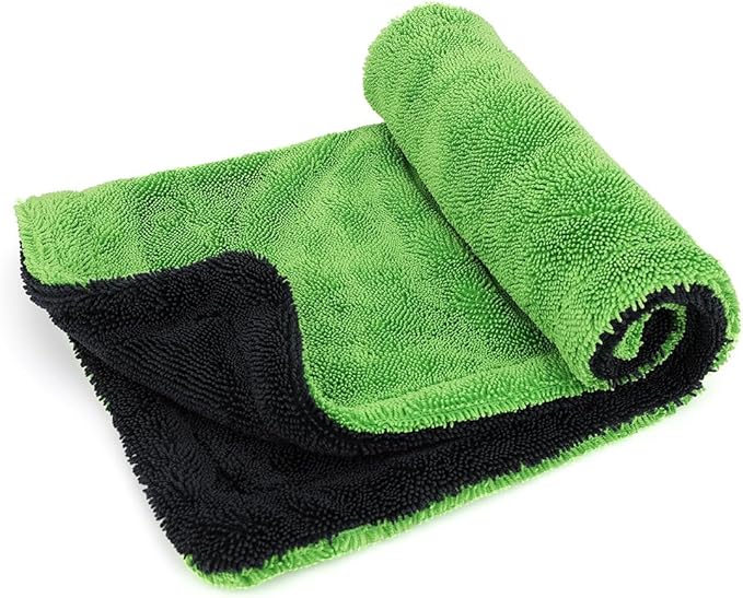 1200GSM Microfiber Car Drying Towel, Double-Twist Loop, Ultra-Absorbent, Quick-Dry, Lint- & Streak-Free, Scratch-Safe, for Car Wash & Detailing (1 Pack) (Dark Grey & Green, 16" x 16")