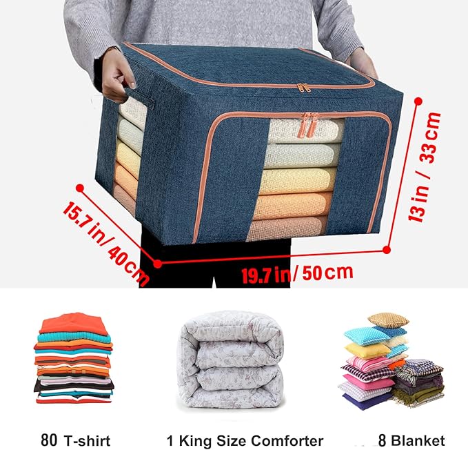 SWEERI Large Storage Bags,Foldable Storage Bins with Hold Shape Metal Frame,Closet Organizer Containers with Zipper,Clear Window,Thick Fabric for Seasonal Clothing,Bedding (66L x 3 Pack)