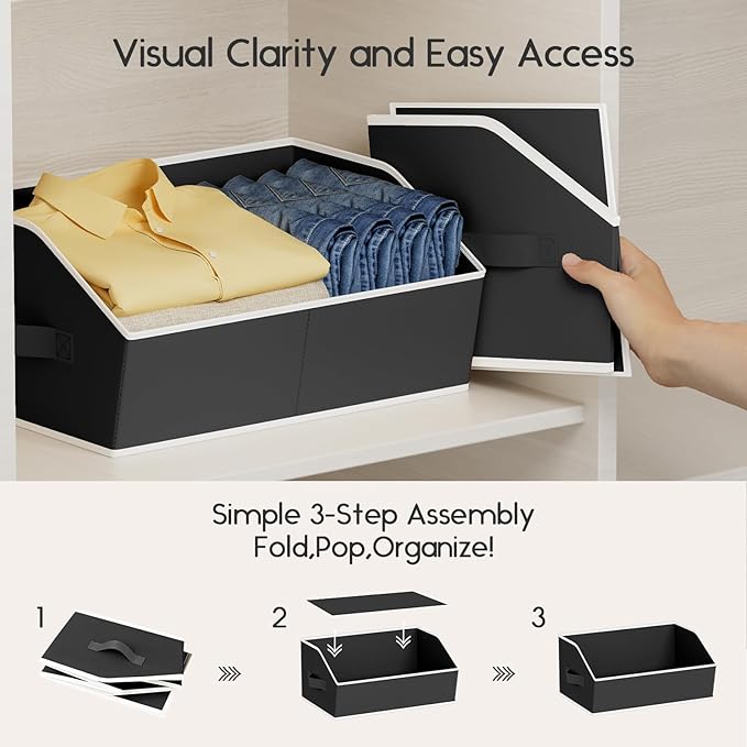 Large Closet Organizers and Storage Bins - 6 Pack Trapezoid Storage Baskets for Shelves, Foldable Fabric Baskets with Handles Ideal for Closet, Basket, Wardrobe and Shelf Storage, Black