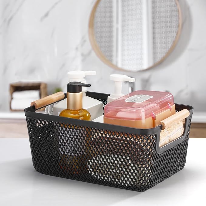 Tioncy 4 Pcs Plastic Mesh Baskets with Wood Handle Woven Mesh Storage Organizer Bins Multi-function Rectangle Baskets for Home Pantries Shelves Closet Kitchens Bedrooms(12.01 x 8.03 x 5.59 Inches)