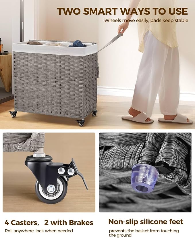 GREENSTELL Laundry Hamper with Wheels&Lid, 130L Large 3 Sections Clothes Hamper with 2 Types Removable Liner Bags, 5 Mesh Laundry Bags, Handwoven Divided Laundry Basket Gray