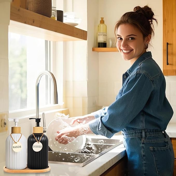 2 Pack ViserVita Glass Hand Soap Dispenser Set with Bamboo Pump, Elegant Refillable Liquid Dish Soap Dispenser with Tray, Perfect for Kitchen Sink and Bathroom Decor